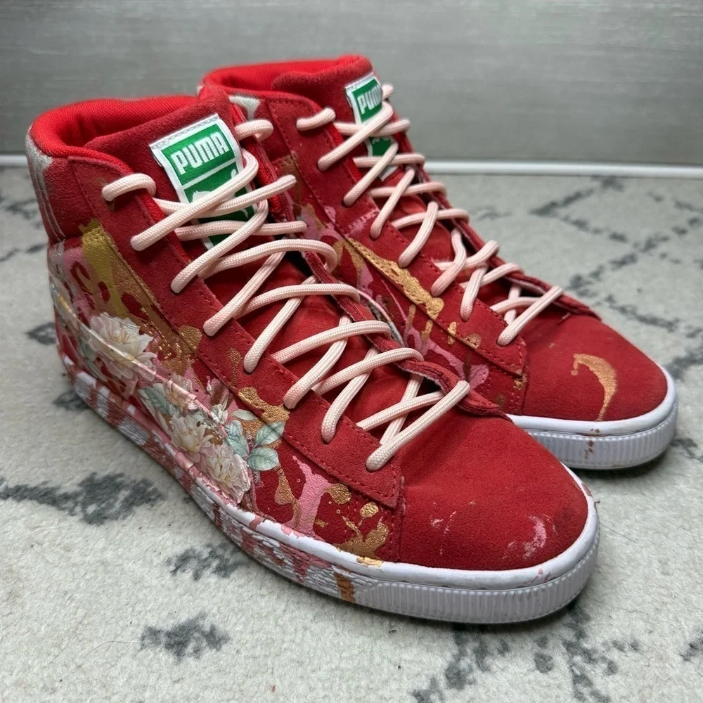PUMA Suede High Risk Red Custom Floral Drip Classic High Top Streetwear Sneakers